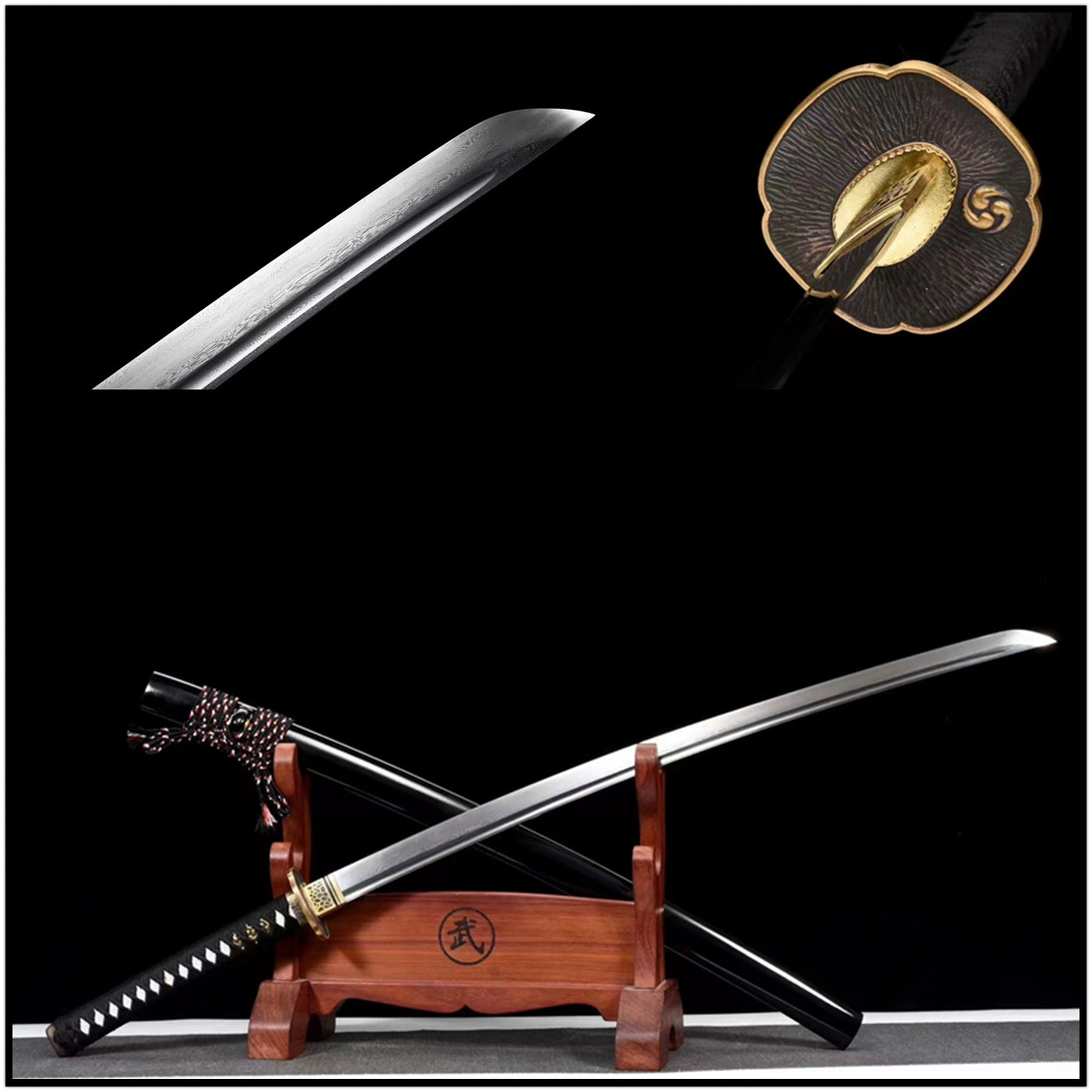 REAL Katana Gushen Damascus Folded Steel Black Saya 古神 | Katana Australia